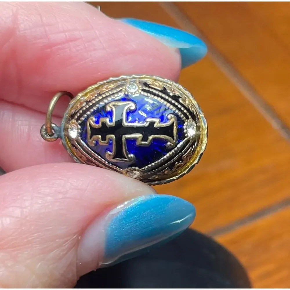Fabergé style Guilloche Blue and Gold Egg pendant, cross, wings